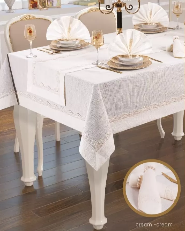 Liana Krem-Krem 12 Kişilik 26 Parça 155 × 220 cm Zarif Şık Sofra Masa Seti