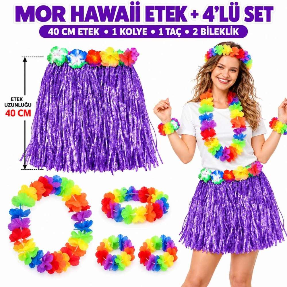 Luau Aloha Mor Hawaii Etek 40 Cm Ve 4’lü Hawaii Seti