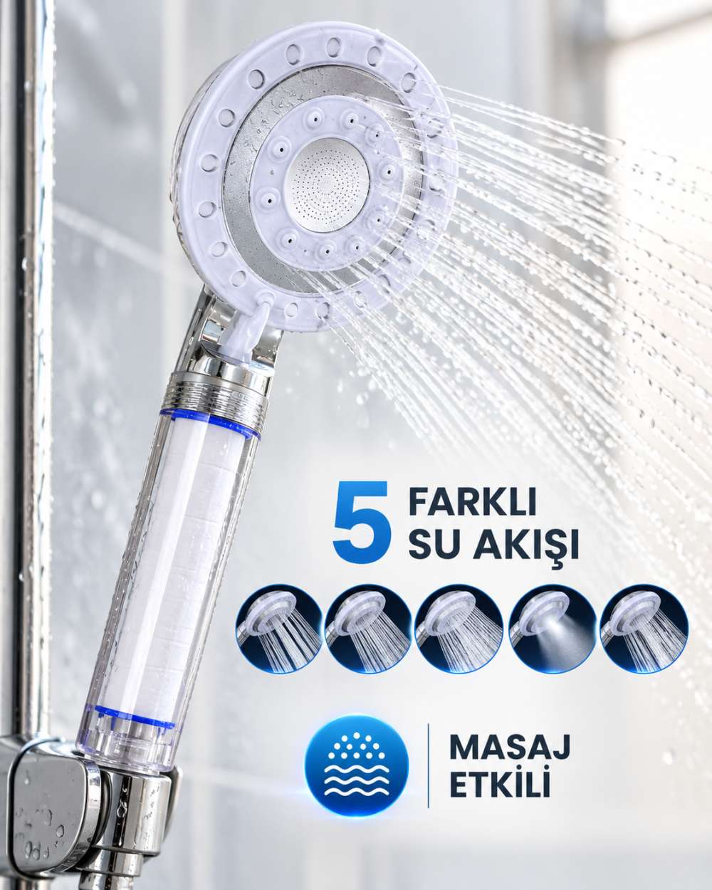 Masaj Etkili Filtreli Duş Başlığı 5 Fonksiyonlu Yağmur Sis Geniş Karışık Su Akışı