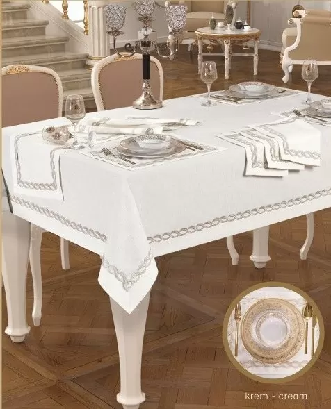 Matilda Amerikan Servisli Krem-Gümüşsimli 10 Parça 160 × 260 cm Masa Takımı