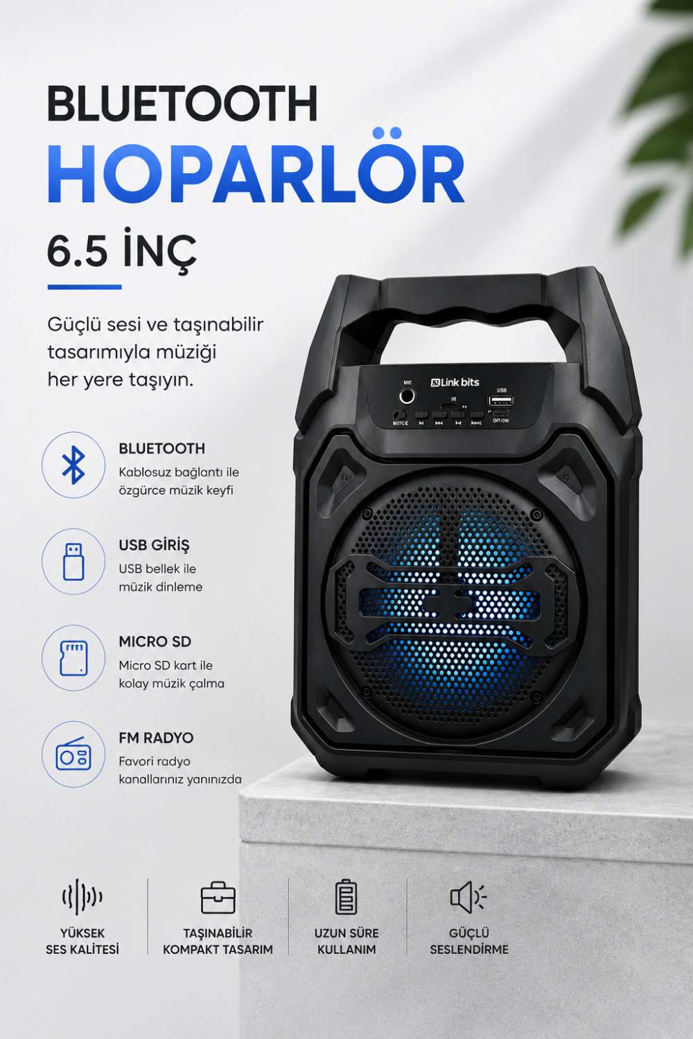 Mikrofonlu Bluetooth Ses Sistemli USB, Micro SD, FM ve Uzun Pil Ömrü