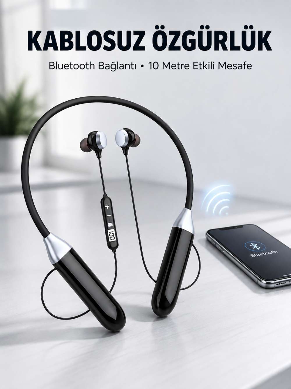 Mikrofonlu Boyun Bantlı Bluetooth Kulaklık Kablosuz Bağlantılı Ses ve Müzik Kontrollü Kulak İçi Kulaklık