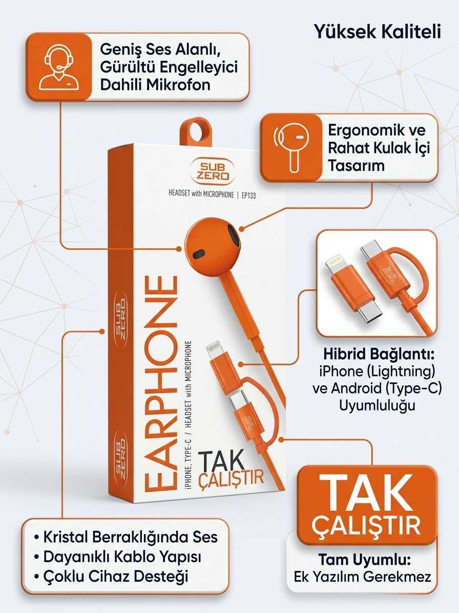 Mikrofonlu Tak Çalıştır iPhone & Android Uyumlu Kulaklık