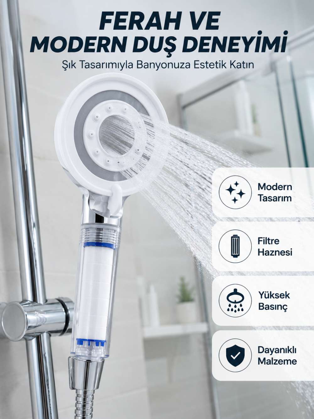 Mineral Taşlı Filtreli Duş Başlığı Güçlü Su Basınçlı Banyo Başlığı