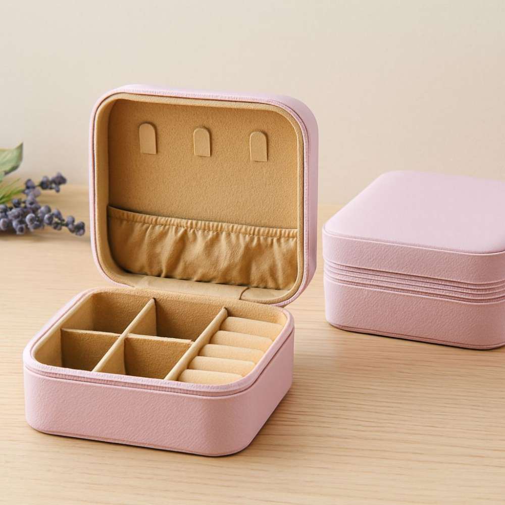 Mini Fermuarlı Takı Kutusu 10x10x5 cm - Suni Deri, 4 Bölmeli