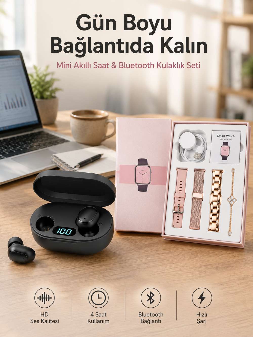Nabız Ölçer Hediye Bileklikli Akıllı Saat ve Dijital Göstergeli Bluetooth Kulaklık Çoklu Şarj Girişi