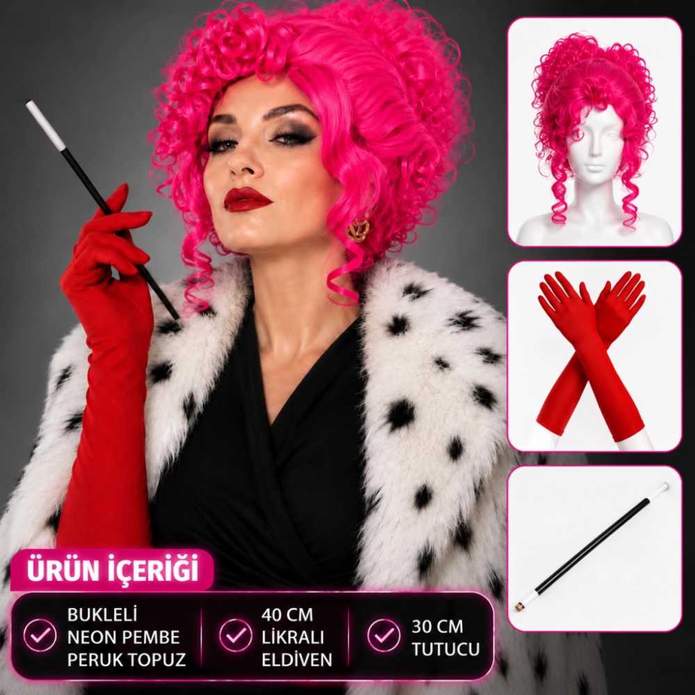 Neon Bukleli Pembe Peruk Uzun Kumaş Kırmızı Eldiven ve Tutucu Seti (3 Parça)