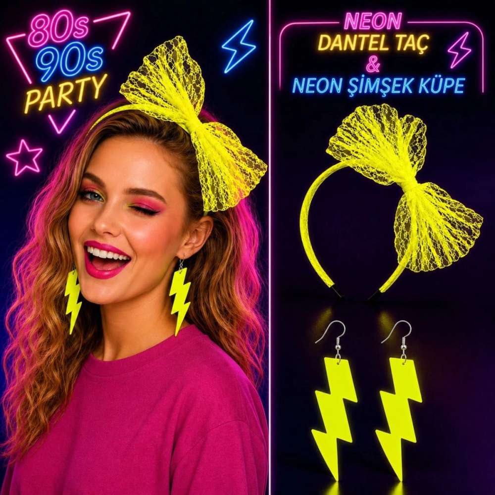 Neon Sarı Dantel Taç Ve Şimşek Küpe 8039ler 9039lar Parti Seti