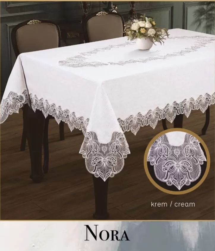 Nora Krem-Krem 155x220 cm Keten Masa Örtüsü Modern Yemek Masası Tasarımı