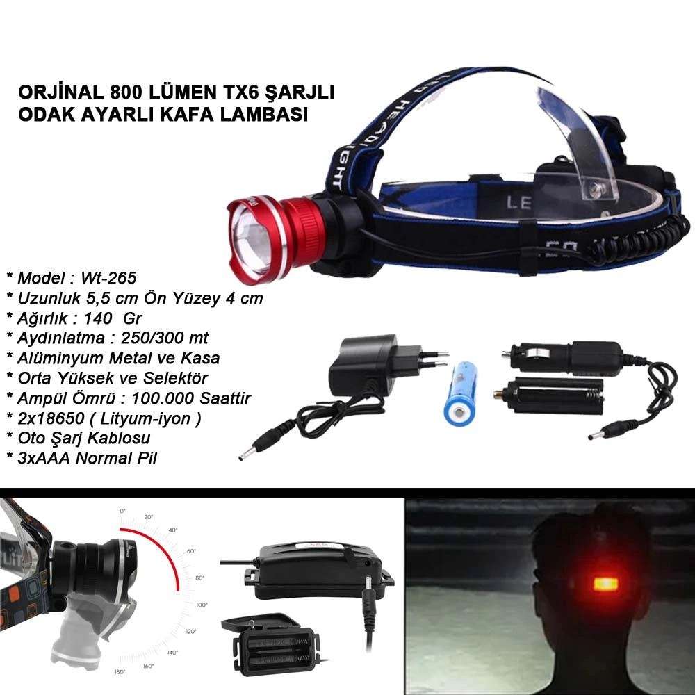 Orjinal 800 Lümen T6 Şarjlı Kafa Feneri  Wt-265