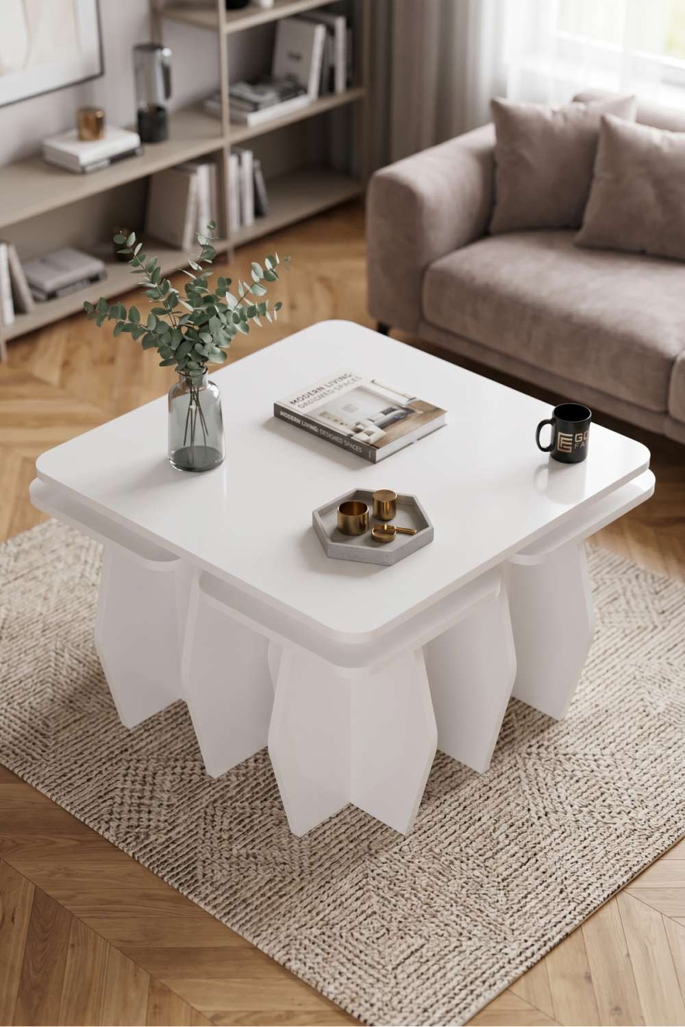 Orta Sehpa Ve Zigon Sehpa 5 li Set Modern Çok Amaçlı Salon Oturma Odası Yan Sehpa 9247 Beyaz