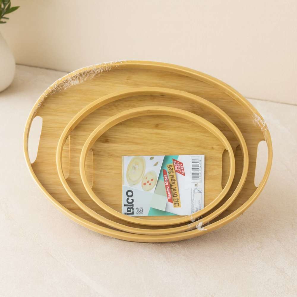 Oval Bambu Ahşap Tepsi Seti 3'lü (20x29, 26x36, 31x45 cm)