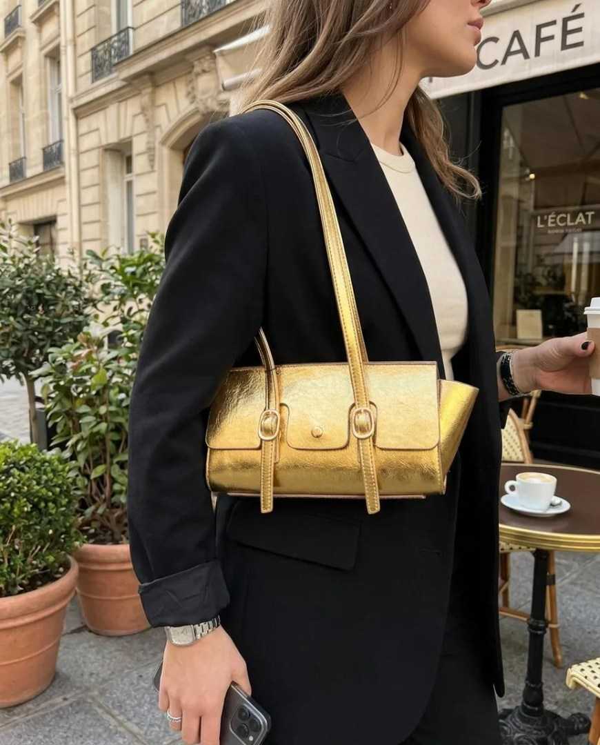 Parlak Gold Mini Omuz Çantası Yumuşak Deri Görünümlü Fermuarlı Kadın El ve Kol Çantası 