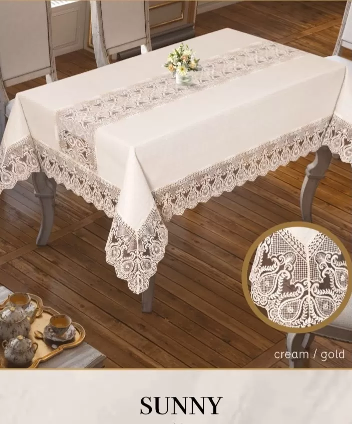 Parlak Keten Masa Örtüsü Tablecloth 160x260 cm Yemek Masası Örtüsü Sunny Model Krem-Gold
