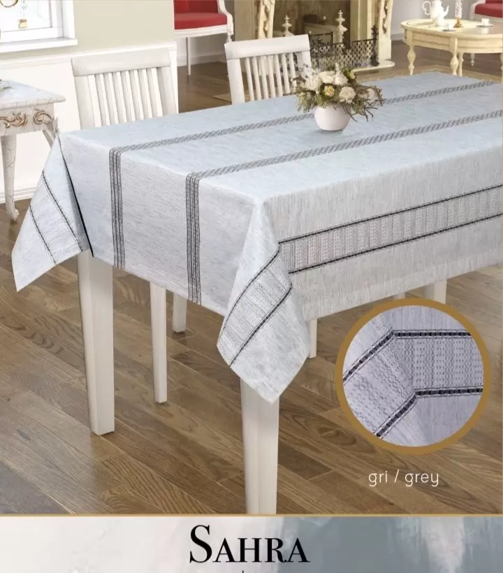 Polyester Ajurlu Keten Masa Örtüsü Tablecloth 160x220 cm Dantelli Yemek Masası Örtüsü Sahra Model Gri