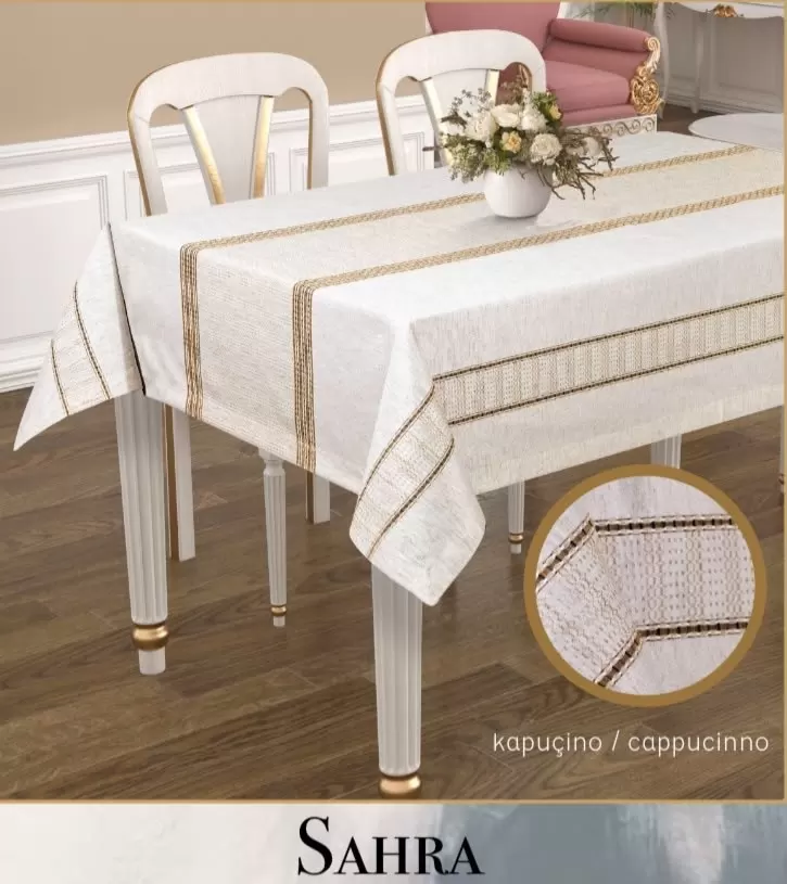 Polyester Ajurlu Keten Masa Örtüsü Tablecloth 160x220 cm Dantelli Yemek Masası Örtüsü Sahra Model Kapiçino