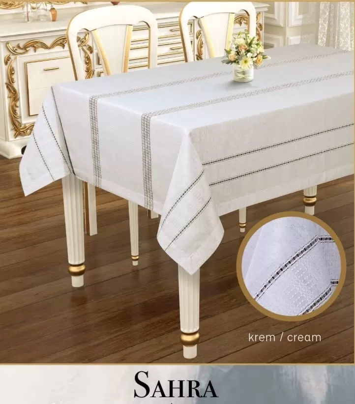 Polyester Ajurlu Keten Masa Örtüsü Tablecloth 160x260 cm Dantelli Yemek Masası Örtüsü Sahra Model Krem
