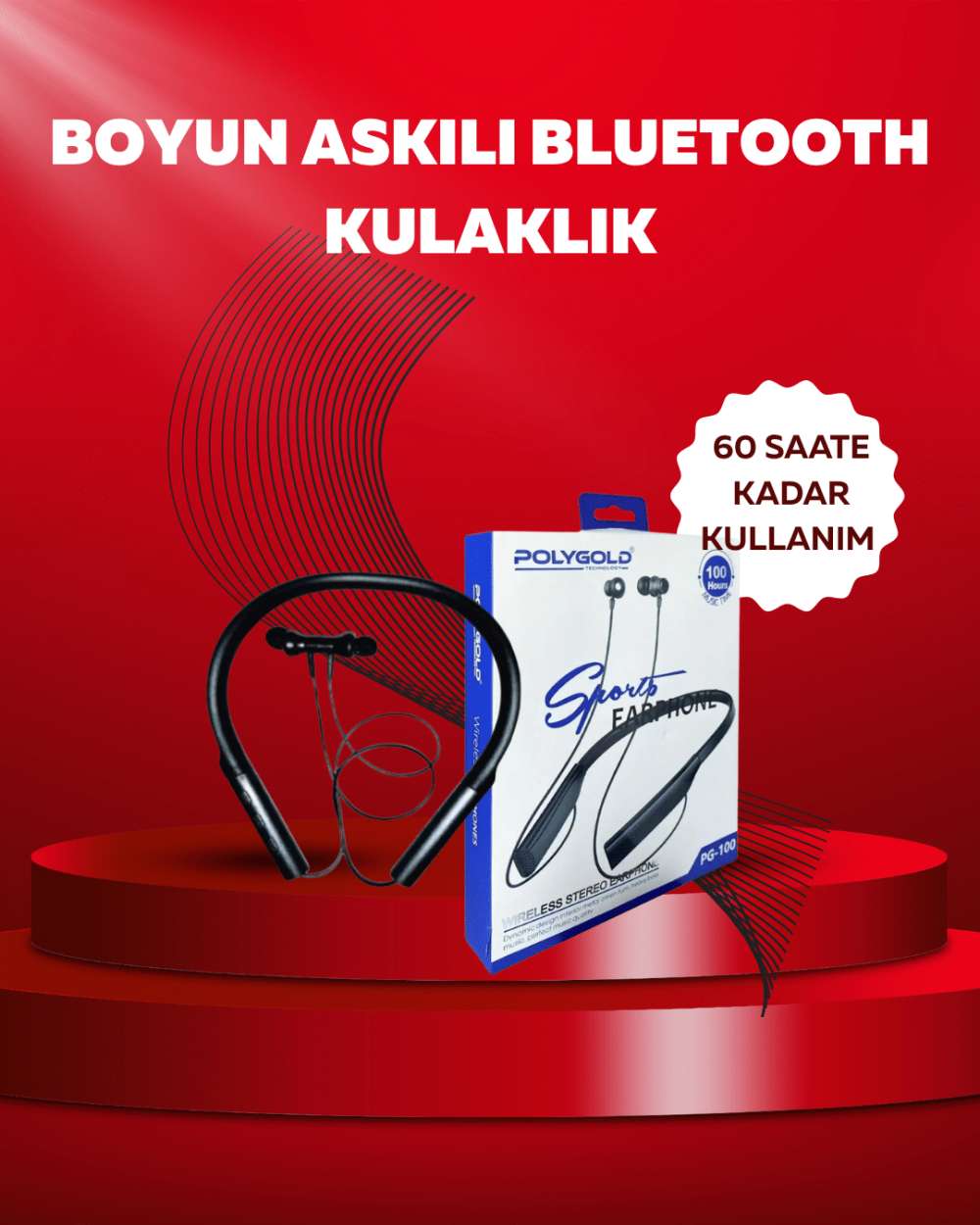 Polygold PG-100 Bluetooth 5.0 Boyun Bantlı Kulaklık – 50 Saat Konuşma Süresi, Type-C Şarj