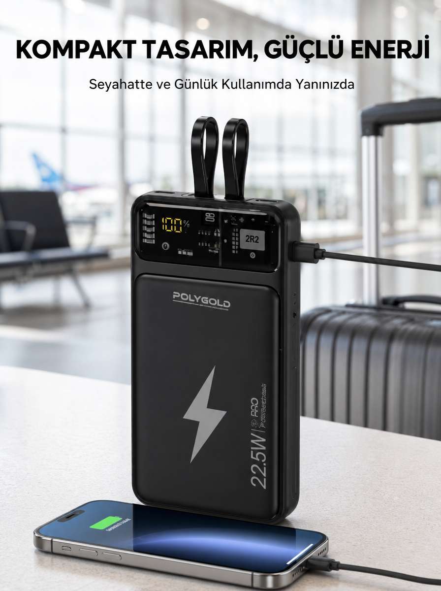 Powerbank Dahili Ekranlı 10000 mAh Çift Kablolu Yeni Nesil