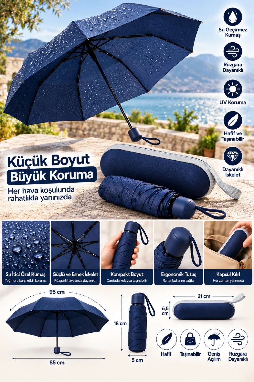 Pratik Lacivert Kapsül Şemsiye Kompakt Taşıma