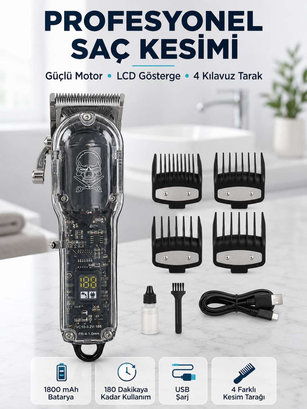 Profesyonel Erkek Tıraş Makinesi Güçlü Motorlu LCD Göstergeli 1800 mAh Bataryalı USB Şarjlı Saç Kesme Makinesi