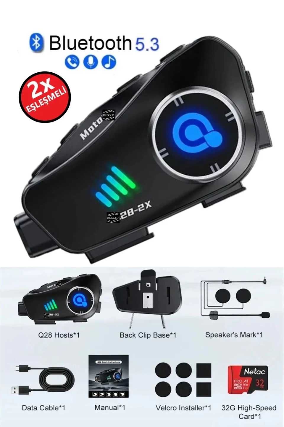 Q28 2x 2 Eşleşmeli Motosiklet Kask Bluetooth Kulaklık 1080p Kamera Su Geçirmez Intercom