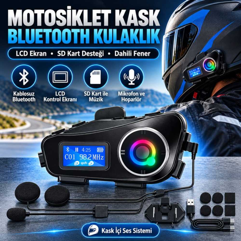 Q58 Motorsikletler İçin Fener Özellikli SD Kart Bölümlü LCD Ekranlı Kablosuz Bluetooth Kulaklıklı – Suya Dayanıklı Kask Kulaklığı