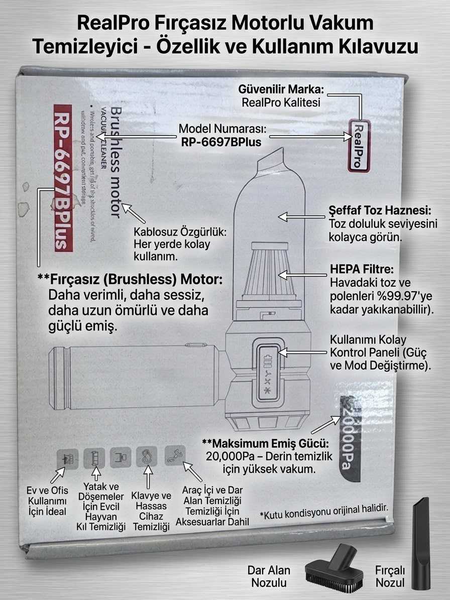 RealPro RP-6697BPlus Fırçasız Motorlu Şarjlı El Süpürgesi