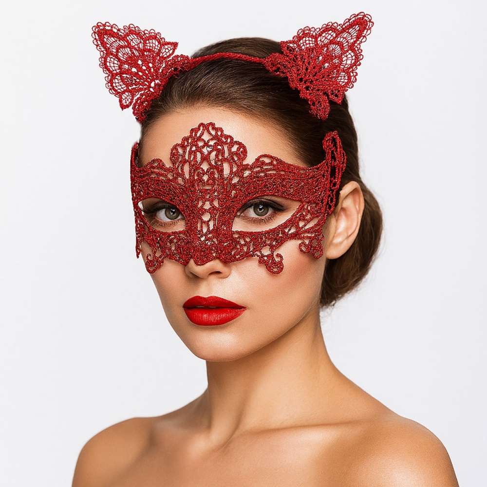 Romantik Kırmızı Dantel Maske Seti ? Kedi Kulaklı Taç ve Maske 3 No