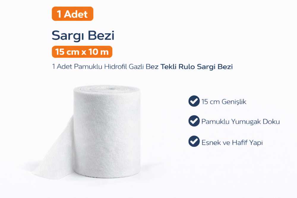 Sargı Bezi 15 cm x 10 m 1 Adet Pamuklu Hidrofil Gazlı Bez Tekli Rulo Sargı Bezi