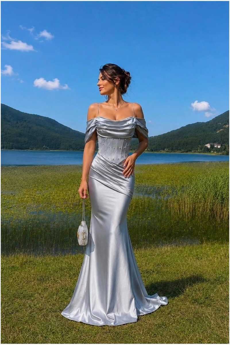 Saten Elbise Abiye Yaka Carmen Kumaş