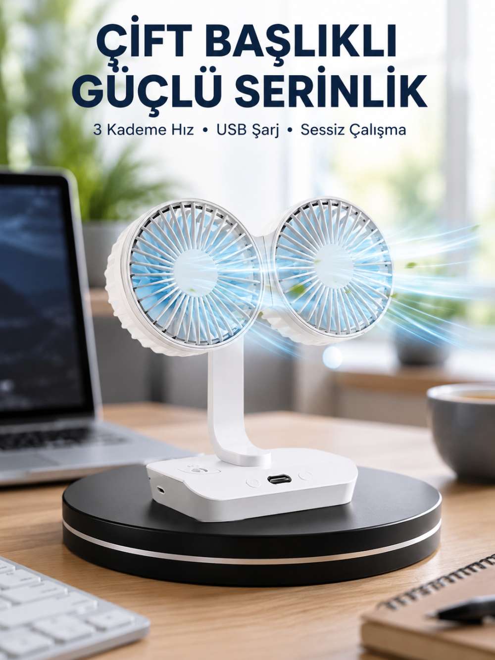 Sessiz Çalışan USB Şarjlı Çift Kafalı Masaüstü Fan – Ev ve Ofis İçin