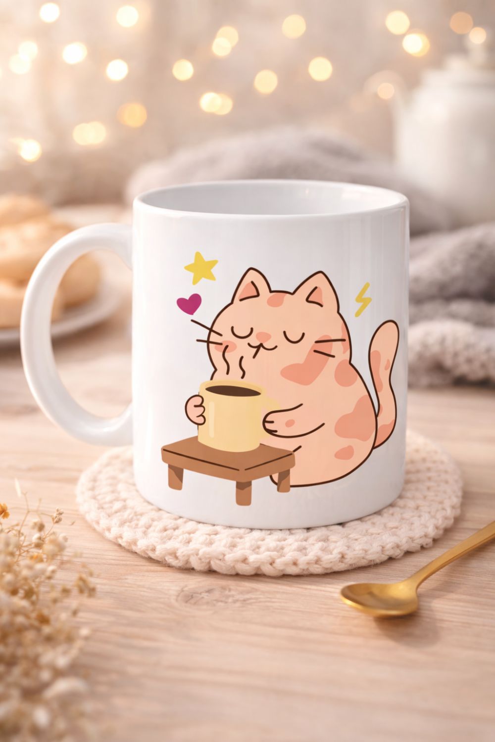Sevimli Kedi Tasarımlı Porselen Kupa MODEL 196 – Kahve İçen Kedi Baskılı Porselen Kahve Kupası – Kedi Severlere Hediyelik Porselen Kupa Bardak 330 ml