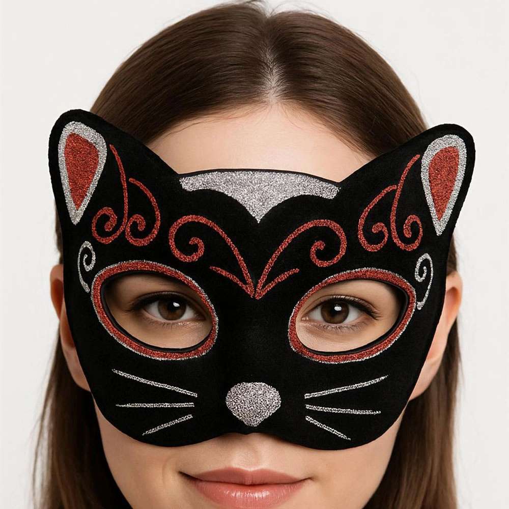 Şık Kedi Maskesi Kırmızı Gümüş 20x13 cm Parti Aksesuarı