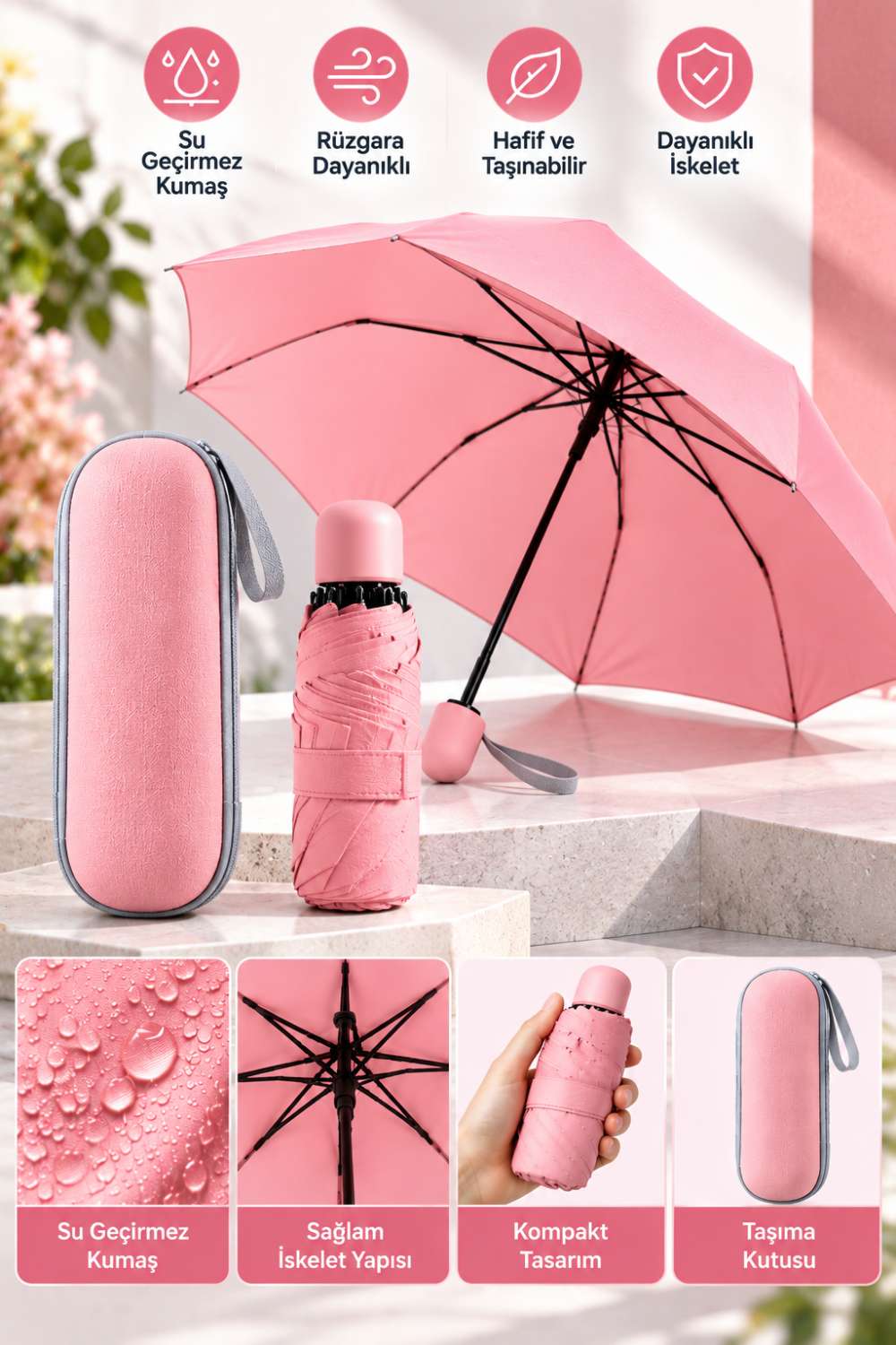 Şık Pembe Kapsül Şemsiye Kompakt Boyut Koruyucu Kılıf ve Pratik Kullanım