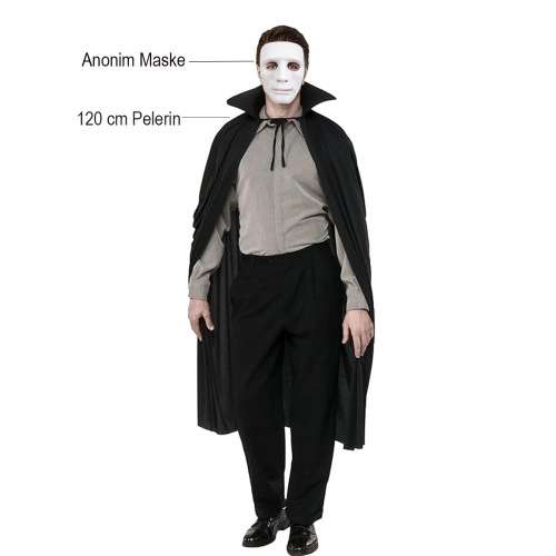 Şık Siyah Pelerin ve Beyaz Maske Seti 120 cm Parti Aksesuarı