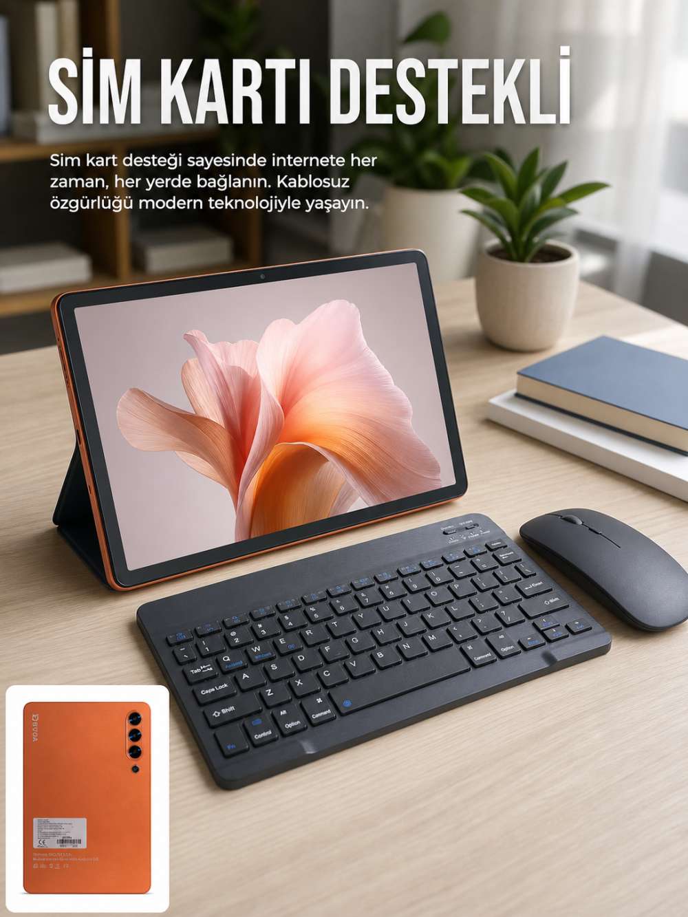 SIM Kart Destekli Android Tablet Bluetooth Klavye ve Kablosuz Mouse Seti Geniş Ekran Taşınabilir Tasarım
