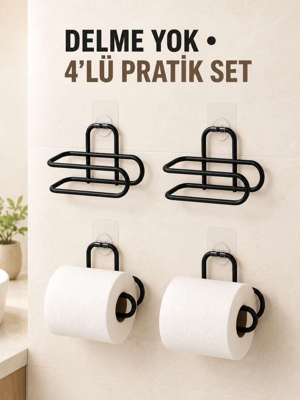 Siyah 4 Adet Metal Tuvalet Kağıdı Tutucu Kendinden Yapışkanlı Delmeden Montaj Banyo Askısı