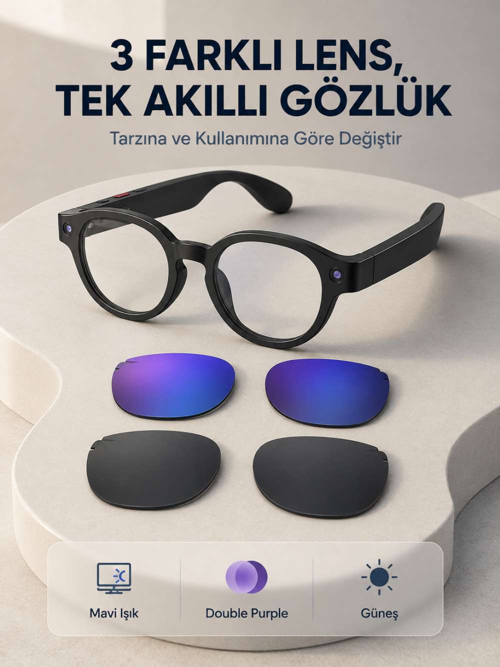 Siyah Akıllı Kamera Gözlüğü Fotoğraf Video Çekimli Yapay Zeka Destekli Bluetooth Çoklu Dil Çeviri 3 Lensli