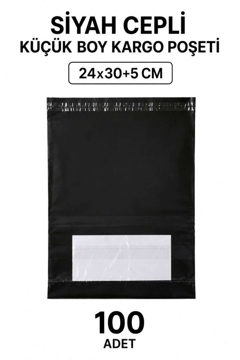 Siyah Cepli Küçük Boy Kargo Poşeti 24x30+5 Cm 100 Adet