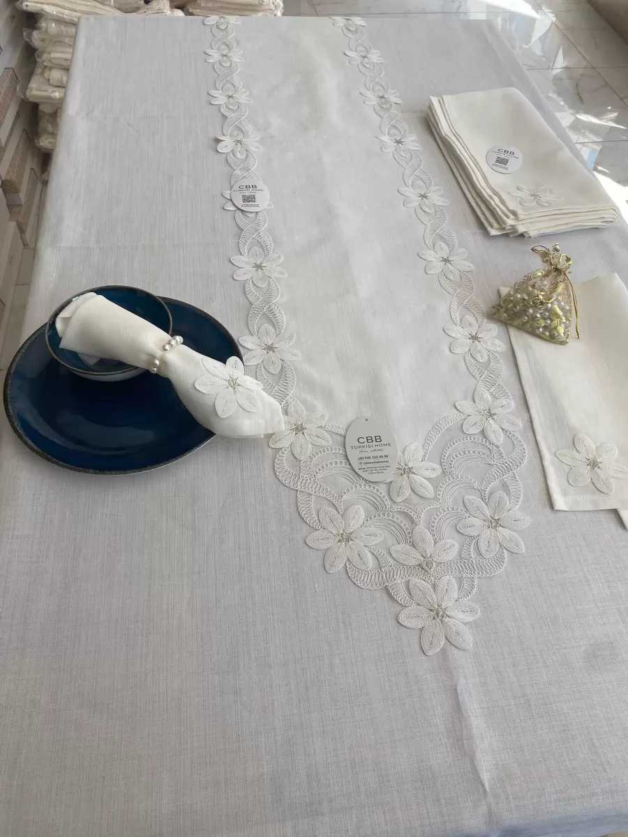 Sofra Takımı Evita Gardenya Keten Yemek Takımı 160x260 Masa Seti 26 Parça Runner Set Krem