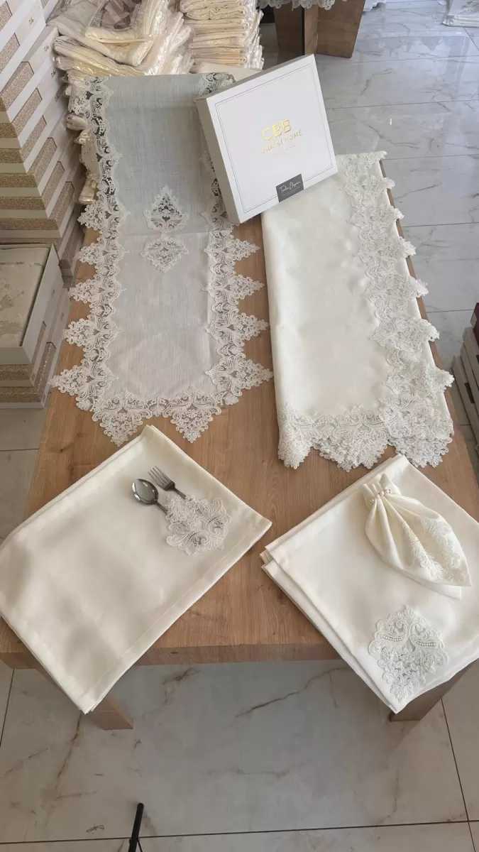 Sofra Takımı Mimoza Gardenya Keten Yemek Takımı 160x260 Masa Seti 26 Parça Runner Set Krem