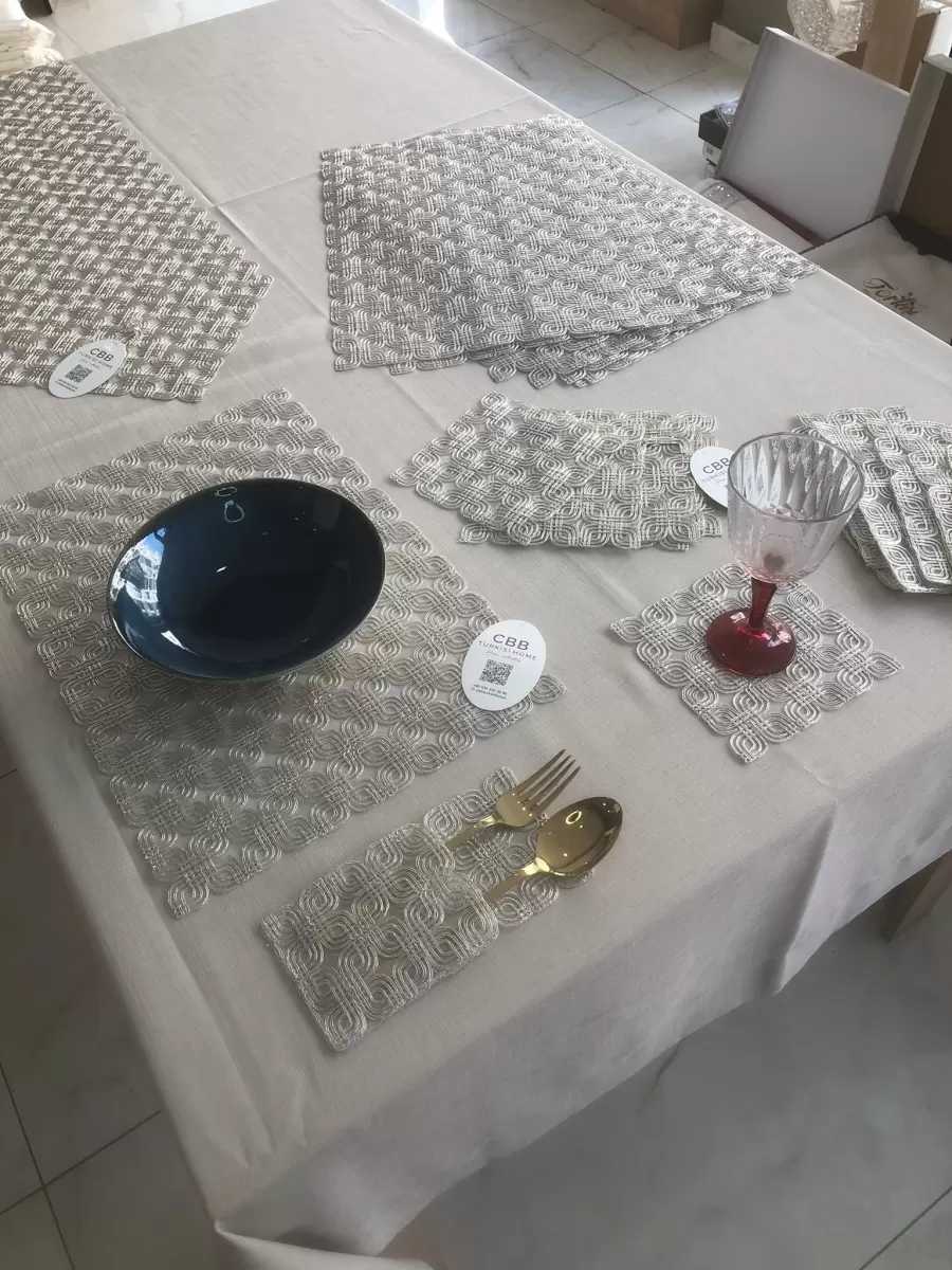 Sofra Takımı Orion Gardenya Keten Yemek Takımı 160x260 Masa Seti 26 Parça Runner Set Platin