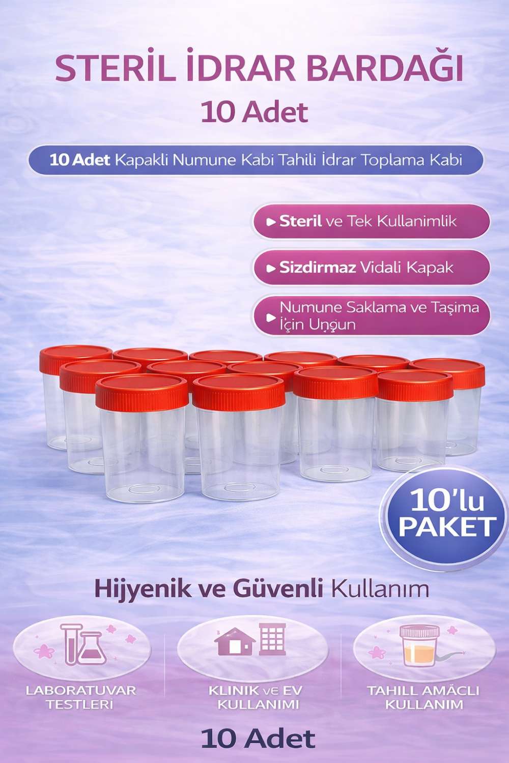 Steril İdrar Kabı Kapasiteli Numune Toplama Kabı 10 Adet