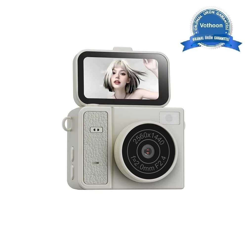 TCX 2k Mini Dijital Retro Video Kamera Flaşlı Dijital Vlog Mini Fotoğraf Makinesi Türkçe Menü Bej