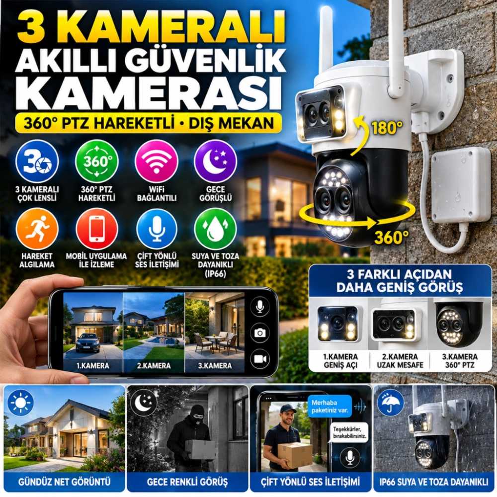 TCX 3 Kameralı Kablolu Akıllı Güvenlik Kamerası – 360° PTZ Hareketli, Çift Antenli, WiFi IP, Gece Görüşlü Dış Mekan Kamera
