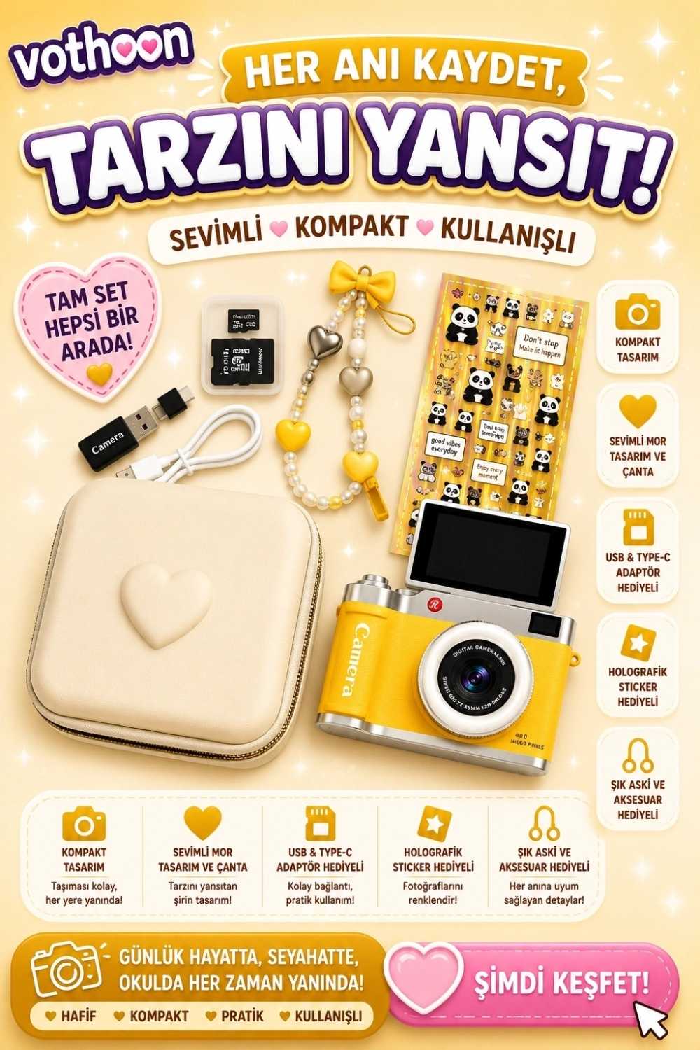 TCX 4k Çantalı Dijital Retro Video Kamera 48mp 16x Zoom Işıklı (32gb) Kart Dijital Fotoğraf Makinesi Sarı