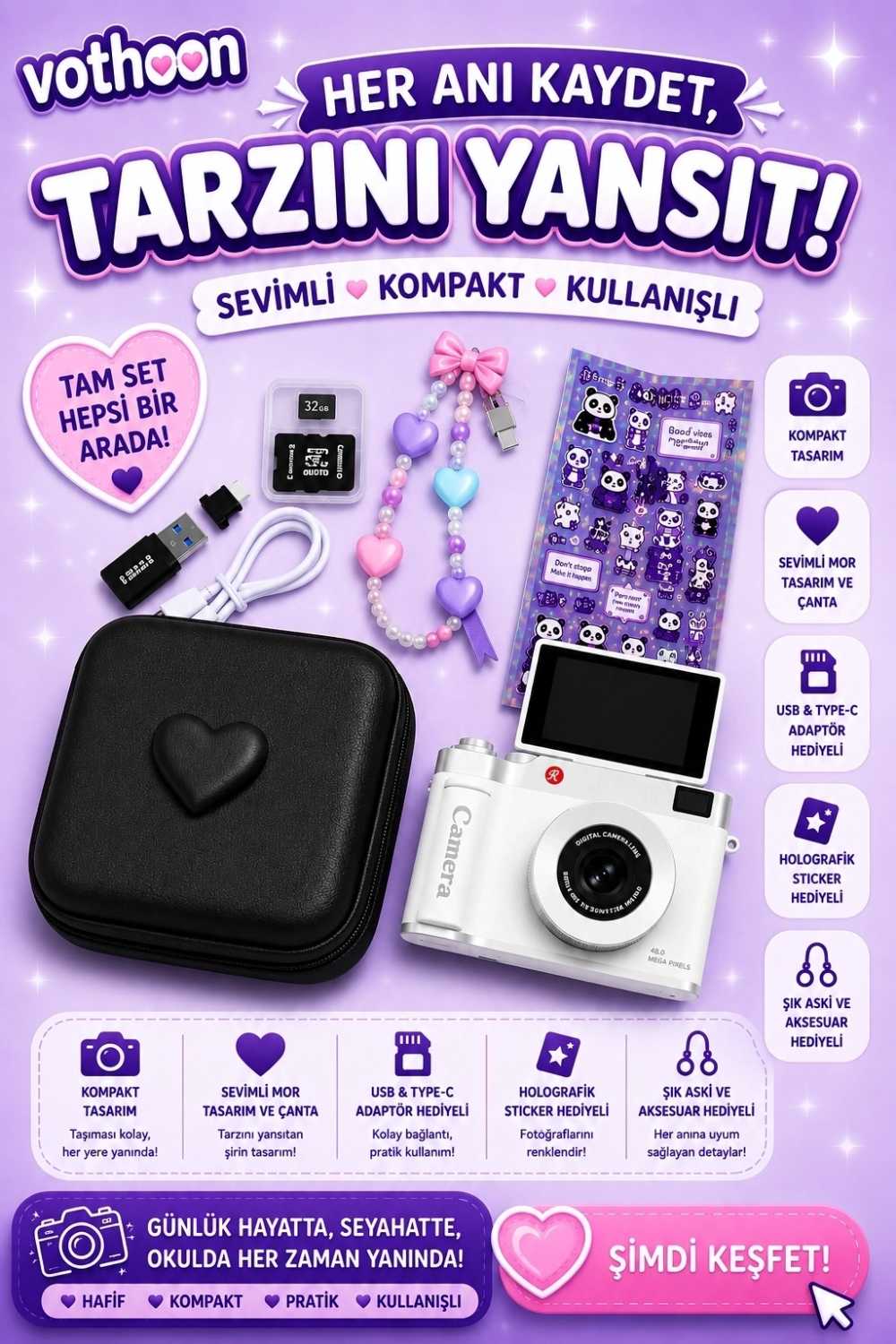 TCX 4k Çantalı Dijital Retro Video Kamera 48mp 16x Zoom Işıklı (32gb) Kart Dijital Fotoğraf Makinesi Beyaz