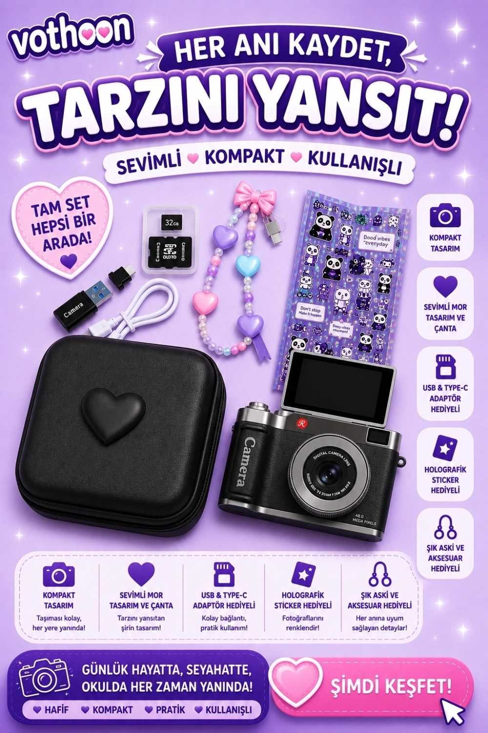 TCX 4k Çantalı Dijital Retro Video Kamera 48mp 16x Zoom Işıklı (32gb) Kart Dijital Fotoğraf Makinesi Siyah