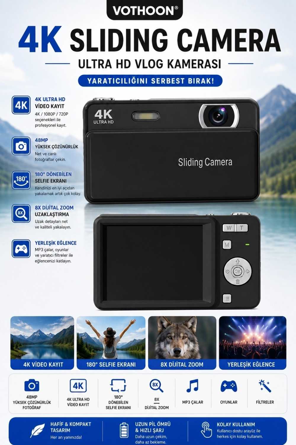 TCX Dijital Kamera 4k Hd 48mp 8x Zoom Flaşlı Kayar Retro Video Kamera 2.4’’ Ekran 64gb Sd Kart Hediyeli Siyah